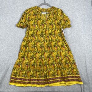 Margaux Riviera Midi Dress Womens M Mustard Botanical Print Puff Sleeve Boho